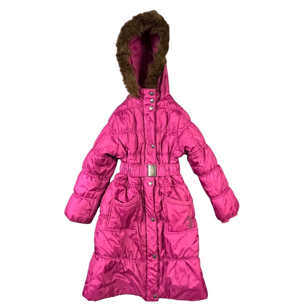 Baby Phat Puffer Coat Kids 14 Pink Faux Fur Hood Longline Quilted Winter Jacket - Picture 2 of 16